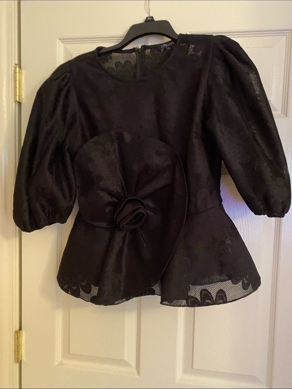 Black Floral Jacquard Peplum Blouse with Statement Rosette